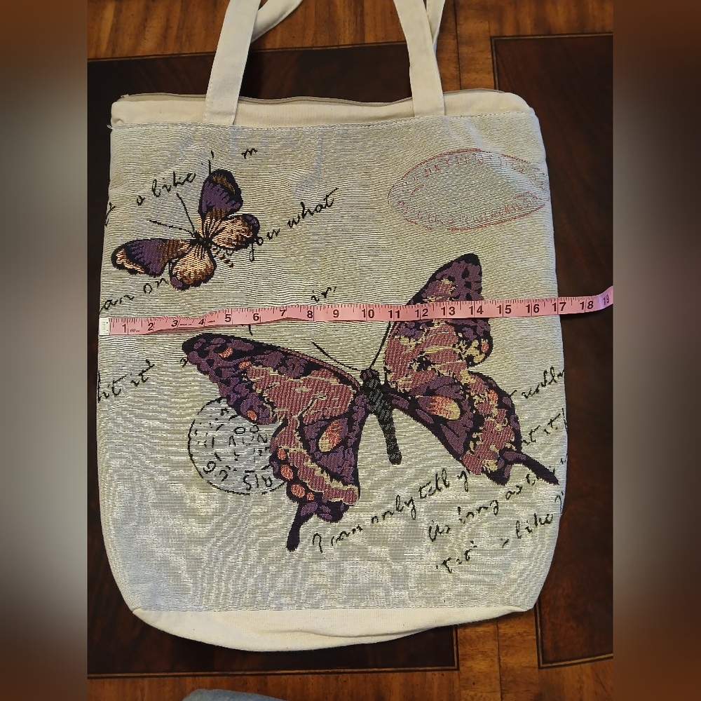 🖤Butterfly Print Tote Bag - Cream and Purple - Picture 6 of 7